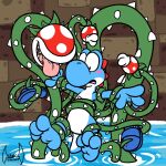  1:1 anthro azul_(yoshi) blue_body blush clothing countershading dirt elemental_creature flora_fauna footwear hi_res male mario_bros nintendo open_mouth piranha_plant plant removing_shoes restrained restrained_arms restrained_legs ripples sandals solo soul-silver-dragon surprised_expression tongue tongue_out undressing vines water white_body white_countershading white_underside yoshi 