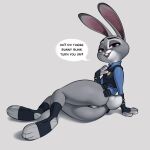  1:1 2023 3_toes 4_fingers anthro anus bottomless butt clothed clothing dialogue disney english_text eyebrows feet female fingers footwear fur genitals gloves grey_background grey_body grey_fur handwear hi_res judy_hopps lagomorph leporid long_ears looking_at_viewer looking_back looking_back_at_viewer mammal multicolored_body multicolored_fur open_mouth open_smile purple_eyes pussy qupostuv35 rabbit simple_background smile solo speech_bubble talking_to_viewer text thick_thighs toes two_tone_body two_tone_fur white_body white_fur zootopia 