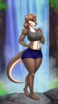  2023 anthro big_breasts big_eyes breasts brown_body clothed clothing colored curvy_figure detailed digital_drawing_(artwork) digital_media_(artwork) digital_painting_(artwork) female full-length_portrait fur glowing hair hi_res looking_at_viewer mammal mustelid otter portrait rizonik shaded smile solo sparkles three-quarter_portrait waterfall wide_hips 