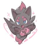  &lt;3 2023 absurd_res blue_eyes blush canid canine chest_tuft cute_fangs dipstick_hair facial_markings feral fur generation_5_pokemon grey_body grey_fur hair head_markings hi_res mammal markings nintendo open_mouth open_smile oposa paws pokemon pokemon_(species) red_body red_fur simple_background smile solo standing tuft white_background zorua 