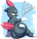  absurd_res anthro big_breasts big_butt black_body breasts butt butt_slap cross_samax female generation_2_pokemon hi_res huge_butt looking_at_viewer nintendo open_mouth pokemon pokemon_(species) red_eyes red_feather short_stack signature slap sneasel solo 