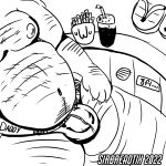  1:1 anthro bear belly chubby_male clothing food footwear hairy hi_res in_pool jockstrap line_art male mammal monochrome overweight overweight_male partially_submerged relaxing sandals sirbreadtix solo underwear 