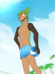  2018 anthro anthrofied ball beach_ball chespin cid_(fuze) clothed clothing fuze generation_6_pokemon hi_res holding_beach_ball inflatable low-angle_view male navel nintendo nipples outside palm_tree plant pokemon pokemon_(species) pokemorph solo sun swimming_trunks swimwear topless tree 