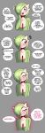  2023 absurd_res bite biting_lip blush blush_lines comic dialogue english_text female gardevoir generation_3_pokemon green_body green_hair hair hair_over_eye hi_res humanoid looking_at_viewer looking_away nintendo not_furry offscreen_character one_eye_obstructed open_mouth pokemon pokemon_(species) red_eyes saltyxodium self_bite solo speech_bubble teeth text tongue white_body 