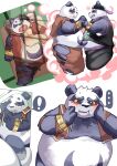  2023 alp_(tas) anthro bear belly big_belly black_nose blush bottomwear clothing ellipsis exclamation_point giant_panda hat headgear headwear hi_res humanoid_hands kemono lifewonders lying male mammal mid_transformation nexusthelife overweight overweight_male purple_body shirt shorts sleeping tokyo_afterschool_summoners topwear white_body 