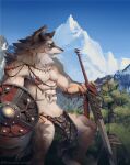  2021 anthro bottomwear brown_body brown_fur canid canine canis clothing day detailed_background femurslemurs fluffy fur grey_body grey_fur holding_object holding_shield holding_sword holding_weapon loincloth male mammal melee_weapon mountain outside plant shield solo sword tree weapon white_body white_fur wolf 