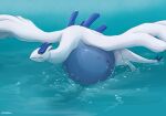  ambiguous_gender artist_name belly big_belly blue_body feral feral_pred generation_2_pokemon hi_res huge_belly legendary_pokemon lugia mouth_closed nintendo paw_imprint pokemon pokemon_(species) red_eyes roobin simple_background vore water white_body 