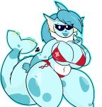  4_fingers absurd_res alpha_channel anthro big_breasts big_tail bikini bikini_top blep blue_body blue_hair blue_tongue breasts character_request clothing eeveelution fan_character female female_focus fin fingers generation_1_pokemon hair hi_res huge_breasts lifeguard navel navel_piercing nintendo piercing pokemon pokemon_(species) raccoonuki red_clothing ring_piercing smile solo splash_(vap_enjoyerts) stains standing swimwear tail thick_thighs tongue tongue_out vaporeon 