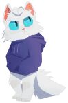  2020 anthro biped blue_clothing blue_hoodie blue_sclera blue_topwear bottomless clothed clothing domestic_cat dreamworks felid feline felis female full-length_portrait fur hand_in_pocket hoodie kipo_and_the_age_of_wonderbeasts mammal molly_yarnchopper netflix pockets pointless-doodle portrait simple_background solo standing tail timbercat topwear white_background white_body white_fur white_tail 