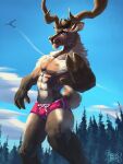  2019 3:4 aircraft airplane anthro antlers blue_eyes brown_body brown_fur capreoline clothing cloud day deer detailed_background femurslemurs fingers fur hi_res hooved_fingers hooves horn looking_at_viewer male mammal outside plant reindeer sky solo swimwear tree white_body white_fur 