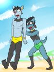  2018 anthro anthrofied beach bulge clothed clothing duo fuze generation_4_pokemon hi_res kai_(fuze) male navel nintendo nipples outside pokemon pokemon_(species) pokemorph riolu seaside shinx shove skyler_(fuze) speedo speedo_only sun swimwear topless 