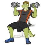  1:1 2017 alligator alligatorid anthro bodily_fluids bottomwear clothed clothing crocodilian dumbbell exercise footwear fully_clothed fuze gabriel_(fuze) hi_res male reptile scalie shirt shoes shorts simple_background sitting solo sweat t-shirt topwear weight_bench weightlifting weights white_background workout 