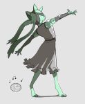  5_fingers ambiguous_gender anthro armwear beheleaf clothed clothing covered_eyes detached_sleeves dress fingers green_body hi_res musical_note radio simple_background solo swan_lake_(beheleaf) 