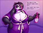  accessory alcohol amber_eyes anthro bahm-bu bear beverage big_breasts black_body breasts cleavage clothed clothing container digital_media_(artwork) english_text female fur giant_panda hair hair_accessory hi_res huge_breasts lips mammal multicolored_hair shaw simple_background solo source_request text thick_lips two_tone_hair ursine white_body white_fur 