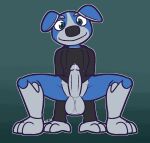  2023 3_toes 4_fingers all_fours anthro anthrofied balls big_balls big_penis black_clothing black_hoodie black_nose black_pupils black_topwear blue_body blue_fur bodily_fluids bottomless canid canine canis clothed clothing domestic_dog erection feet fingers floppy_ears fur genital_fluids genitals glans gradient_background green_background green_eyes grey_balls grey_body grey_glans grey_penis hoodie kc_(robodog) looking_at_viewer machine male mammal penis precum pupils robodog robot simple_background smile solo spread_legs spreading toes topwear ultilix 