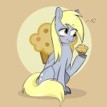  1:1 blonde_hair blush cutie_mark derp_eyes derpy_hooves_(mlp) digital_media_(artwork) equid equine feathered_wings feathers female feral folded_wings food friendship_is_magic grey_body grey_feathers grey_hooves hair hasbro hi_res holding_food holding_object hooves iggigvin69 inner_ear_fluff mammal muffin my_little_pony pegasus smile solo tail tuft wings yellow_eyes yellow_tail 