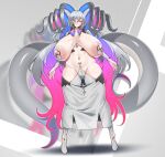  absurd_res animal_humanoid areola big_breasts blush breasts clothing covered_nipples dragon dragon_humanoid eyes_closed female footwear grey_hair hair hanging_breasts hi_res horn huge_breasts humanoid konoshige long_hair navel nipples obese obese_female overweight overweight_female sagging_breasts scar shoes simple_background solo thick_thighs wide_hips 
