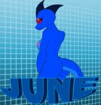  2010 anthro areola black_scutes blue_background blue_body blue_scales blue_skin breasts butt character_name english_text female geometric_background gradient_background grid_background hand_between_legs herm_(lore) intersex_(lore) june_(justathereptile) justathereptile komodo_dragon lizard looking_at_viewer monitor_lizard nipples non-mammal_breasts nude pattern_background pink_areola pink_nipples rear_view red_eyes reptile scales scalie scutes simple_background smile solo tail text turned_away 