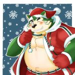  anthro belly blush christmas christmas_clothing christmas_headwear clothed clothing eyebrows fur green_body green_fur grin hat headgear headwear hi_res holidays jinastray lifewonders live_a_hero male mokdai musclegut one_eye_closed open_clothing open_shirt open_topwear pecs santa_hat shirt smile solo thick_eyebrows topwear wink 