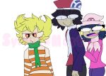  barry_(pok&eacute;mon) calm dawn_(pokemon) female funny_face green_scarf hi_res human humor looking_at_another lucas_(pok&eacute;mon) male male/female mammal meme nintendo orange_eyes pink_scarf pokemon scarf sylveonmostaza watermark white_scarf wtf_face 