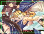  1boy black_gloves blonde_hair blue_dress bow bridget_(guilty_gear) cuffs dress fingerless_gloves gloves green_eyes grin guilty_gear guilty_gear_xx habit handcuffs kuga_hotaru looking_at_viewer male_focus nun otoko_no_ko ribbon roger_(guilty_gear) short_hair_with_long_locks smile stuffed_animal stuffed_toy teddy_bear yellow_bow yellow_ribbon 