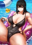  1girl bangs breasts cleavage highres large_breasts long_hair looking_at_viewer lynus naoko-san original pool swimsuit wide_hips 
