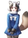  1girl animal_ears black_gloves blue_shirt blue_skirt blush bow bowtie brown_eyes brown_fur brown_hair brown_pantyhose commentary cowboy_shot fur_collar fur_trim gloves kemono_friends long_sleeves looking_at_viewer menna_(0012) multicolored_hair open_mouth own_hands_together pantyhose pleated_skirt raccoon_ears raccoon_girl raccoon_tail sailor_collar school_uniform serafuku shirt short_hair skirt smile solo tail tanuki_(kemono_friends) two-tone_hair white_bow white_bowtie white_fur white_hair 