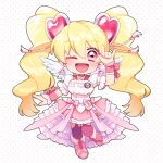  1girl ;d angel_wings blonde_hair blush choker cure_peach cure_peach_(angel) earrings fresh_precure! full_body hair_ornament heart heart_earrings heart_hair_ornament highres jewelry kb83ys magical_girl momozono_love one_eye_closed pink_choker pink_eyes pouch precure smile solo thighhighs twintails white_wings wings 