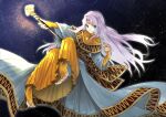  1girl blue_eyes blue_gemstone bridal_gauntlets bridal_legwear circlet closed_mouth convenient_leg dress fingernails fire_emblem fire_emblem:_thracia_776 gem hair_intakes hand_up highres holding holding_staff jewelry light_purple_hair liondance_0220 long_hair looking_at_viewer orange_dress outstretched_arm pleated_dress robe sara_(fire_emblem) smile solo split_mouth staff toe_ring toeless_legwear toenails very_long_hair white_robe wide_sleeves 