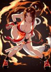  1girl bare_shoulders breasts brown_eyes brown_hair cleavage fatal_fury fire folded_fan folding_fan hand_fan high_ponytail highres japanese_clothes large_breasts long_hair looking_at_viewer ninja open_mouth pelvic_curtain ponytail revealing_clothes shiranui_mai solo the_king_of_fighters the_king_of_fighters_xv thighs yagi2013 