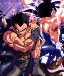  absurdres belt black_hair bleeding blood blood_on_face bruise bruise_on_face collarbone denim dougi dragon_ball dragon_ball_gt dragon_ball_z_dokkan_battle fingerless_gloves genki_dama gloves highres injury jeans monkey_tail muscular muscular_male pants scratches sekitsuki_hayato son_goku spiked_hair tail tank_top torn_clothes vegeta 