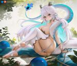  1girl animal_ears ass bangs blue_eyes blue_fire blush breasts dragon_girl dragon_horns dragon_tail fang fire flame-tipped_tail fur-trimmed_robe gloves greatodoggo highres horns large_breasts leotard long_hair looking_at_viewer panties panty_pull patreon_username pointy_ears pussy pussy_peek robe skin_fang smile solo tail thighhighs twitter_username underwear vei_(vtuber) very_long_hair virtual_youtuber vshojo white_hair white_leotard white_thighhighs 