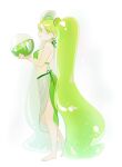  1girl ball bare_shoulders barefoot beachball bikini colored_eyelashes cookie_run food fruit full_body green_bikini green_eyes green_hair holding holding_ball holding_beachball lime_(fruit) lime_cookie long_hair orangekira personification puffy_cheeks side-tie_skirt simple_background solo swimsuit twintails very_long_hair white_background 