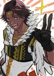  +_+ 1boy :d arm_at_side black_gloves black_hair bright_pupils brown_eyes circlet collarbone dark-skinned_male dark_skin eyelashes feather-trimmed_sleeves feather_collar feather_trim feathers fire_emblem fire_emblem_engage fogado_(fire_emblem) gloves gold_necklace hair_intakes hand_up highres jewelry liondance_0220 looking_at_viewer male_focus necklace open_mouth shirt short_hair smile solo sparkle teeth white_feathers white_pupils white_shirt 