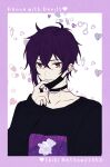  1boy black_choker black_shirt border choker copyright_name dance_with_devils ear_piercing long_sleeves looking_at_viewer male_focus mask mouth_mask natsumezaka_shiki piercing purple_border purple_hair red_eyes shirt short_hair skunlv solo starry_sky_print white_background 