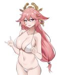  1girl :d absurdres animal_ears azmi_yudista bare_arms bare_shoulders bikini breasts commentary cowboy_shot fox_ears genshin_impact hair_between_eyes highres large_breasts long_hair looking_at_viewer low-tied_long_hair navel open_mouth pink_hair purple_eyes simple_background smile solo standing stomach swimsuit very_long_hair white_background white_bikini yae_miko 