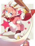 1boy animal_ears black_leggings blue_eyes blush boots cape crown dynamic_pose food gloves hair_between_eyes highres hisaboden kine leggings mallet mochi ocean_prince pink_hair prince puyopuyo rabbit_ears rabbit_tail red_cape robe short_hair solo star_(symbol) symbol-shaped_pupils tail teeth upper_teeth_only yellow_gloves 