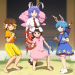  1boy 4girls animal_ears asymmetrical_wings baggy_shorts bangs barefoot behind_another black_hair blonde_hair bloomers blue_eyes blue_hair brown_hair carrot carrot_necklace collared_shirt commentary_request cosplay day dress facial_hair fake_animal_ears frills full_body grin hairband hat heterochromia highres houjuu_nue inaba_tewi inaba_tewi_(cosplay) jewelry kumoi_ichirin legs_apart long_hair looking_at_another looking_at_viewer medium_hair multicolored_hair multiple_girls mustache necklace necktie no_shoes orange_eyes orange_shirt outdoors parted_lips pink_dress purple_eyes purple_hair purple_umbrella rabbit_ears red_eyes reisen_udongein_inaba reisen_udongein_inaba_(cosplay) ringo_(touhou) ringo_(touhou)_(cosplay) seiran_(touhou) seiran_(touhou)_(cosplay) shirosato shirt shorts skirt slit_pupils smile socks standing streaked_hair tatara_kogasa toes toramaru_shou touhou two-tone_hair umbrella underwear unzan white_bloomers white_shirt wing_collar wings 