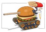  brand_name_imitation bread burger caterpillar_tracks cheese commentary_request cup disposable_cup drinking_straw fast_food food food-themed_vehicle food_focus french_fries gatling_santouhei ground_vehicle highres lettuce mcdonald&#039;s military military_vehicle motor_vehicle no_humans original sesame_seeds shadow sliced_cheese sliced_meat tank tomato tomato_slice vehicle_focus white_background 