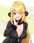  1girl :d absurdres alternate_breast_size artist_name bangs black_coat blonde_hair blush breasts cleavage coat commentary_request cynthia_(pokemon) eyelashes fur-trimmed_coat fur_collar fur_trim grey_eyes hair_ornament hair_over_one_eye hand_up highres long_hair long_sleeves looking_at_viewer open_mouth pokemon pokemon_(game) pokemon_dppt smile solo teeth tongue upper_body upper_teeth_only v-neck weiic 