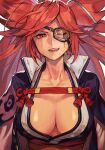  1girl baiken big_hair black_kimono breasts cleavage eyepatch facial_tattoo goggles guilty_gear guilty_gear_strive hungry_clicker japanese_clothes kimono large_breasts looking_at_viewer multicolored_clothes multicolored_kimono one-eyed open_clothes open_kimono ponytail red_eyes red_hair samurai scar scar_across_eye scar_on_face smile solo tattoo upper_body white_background 