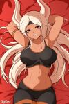  1girl absurdres animal_ears armpits arms_behind_head arms_up artist_name ass_visible_through_thighs black_headband black_pants black_sports_bra boku_no_hero_academia breasts collarbone commentary dark-skinned_female dark_skin english_commentary grin headband highres jay_flare large_breasts long_hair looking_at_viewer lying mirko navel on_back pants rabbit_ears red_eyes smile solo sports_bra sportswear thigh_gap toned very_long_hair white_hair yoga_pants 