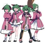  4girls ahoge animal_ears bangs bead_necklace beads black_footwear bloomers broom closed_eyes dog_ears dog_tail dress evil_grin evil_smile full_body green_eyes green_hair grin hair_between_eyes holding holding_broom jewelry kasodani_kyouko long_dress long_sleeves multiple_girls multiple_persona namauni necklace open_mouth pink_dress shaded_face shoes short_dress short_hair simple_background smile socks tail touhou underwear white_background white_bloomers white_socks zouri 