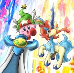  colored_skin green_headwear holding holding_sword holding_weapon horns huge_weapon keldeo keldeo_(resolute) kicdon kirby kirby&#039;s_return_to_dream_land kirby_(series) looking_at_another no_humans open_mouth pink_skin pokemon pokemon_(creature) single_horn smile solid_oval_eyes star_(symbol) super_smash_bros. sword tail ultra_sword weapon 