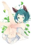  1girl ahoge animal_ears barefoot bloomers closed_mouth dog_ears feet fingernails green_eyes green_hair highres hugging_own_legs kasodani_kyouko leaf namauni short_eyebrows short_hair smile soles solo toes touhou underwear white_background white_bloomers 