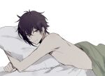  1boy brown_eyes closed_mouth completely_nude covering_with_blanket dance_with_devils looking_at_viewer lying male_focus natsumezaka_shiki nude object_hug on_stomach pillow pillow_hug purple_hair short_hair skunlv smile solo white_background 