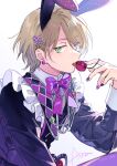  1boy animal_ears bangs blonde_hair bow bowtie cherry collared_shirt commentary earrings english_text ensemble_stars! food frills fruit green_eyes hair_ornament hairclip heart heart_hair_ornament jewelry long_sleeves looking_at_viewer male_focus nail_polish open_mouth purple_bow purple_bowtie rabbit_ears seuga shiratori_aira_(ensemble_stars!) shirt short_hair solo symbol-only_commentary teeth upper_teeth_only 