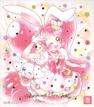  1girl ;d animal_ears bangs blush bow cake_hair_ornament choker cure_whip earrings food-themed_hair_ornament fruit_brooch gloves hair_ornament highres jewelry kirakira_precure_a_la_mode magical_girl official_art one_eye_closed pekorin_(precure) pink_bow pink_choker pink_corset pink_eyes pink_hair pom_pom_(clothes) pom_pom_earrings precure puffy_short_sleeves puffy_sleeves rabbit_ears short_sleeves smile solo swept_bangs third-party_source twintails usami_ichika white_gloves 