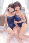  2girls bed black_hair blue_eyes blue_one-piece_swimsuit breasts competition_school_swimsuit covered_navel curtains doppelganger e_(eokiba) highres indoors kofune_mio looking_at_viewer medium_hair multiple_girls new_school_swimsuit one-piece_swimsuit school_swimsuit shadow_(summertime_render) short_hair small_breasts summertime_render swimsuit window 
