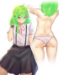  absurdres ass back borrowed_character braid breast_pocket deccatezu green_hair highres multicolored_hair original overalls panties pocket purple_hair shirt single_braid skirt smile thighs tooth topless two-tone_hair underwear white_panties white_shirt wristband 